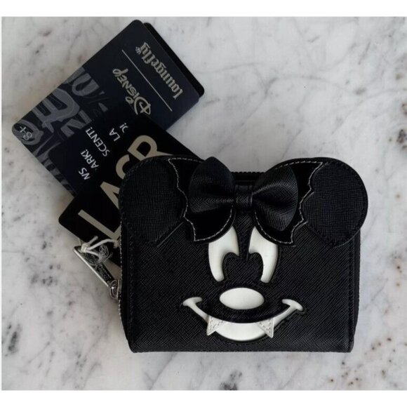 New Disney Halloween Loungefly Minnie Mouse Vampire Bat Wallet Black Glows Dark - Picture 5 of 5